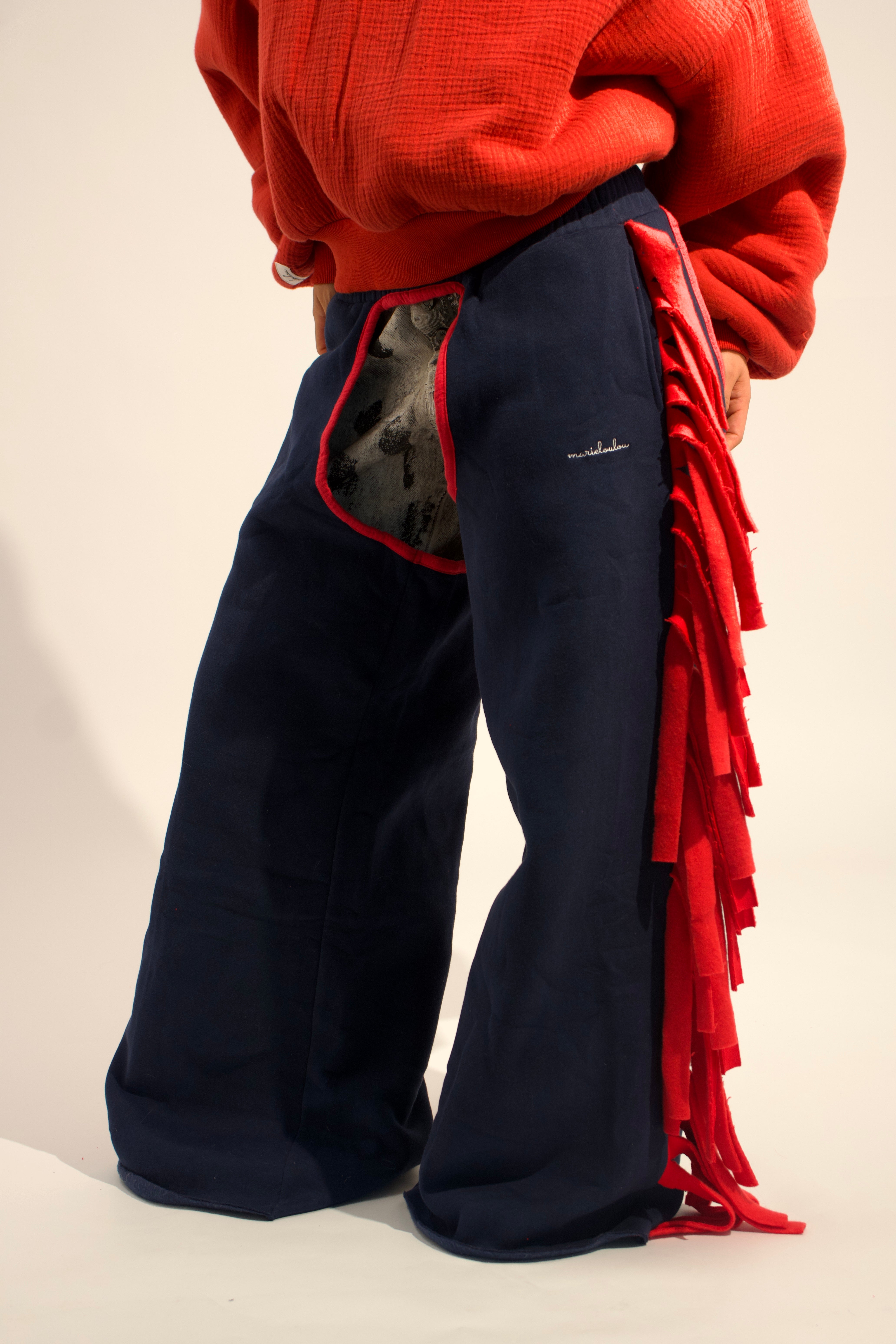 Cozy Cowboy Essential Wide-Leg Sweatpants Chaps— Navy and Red