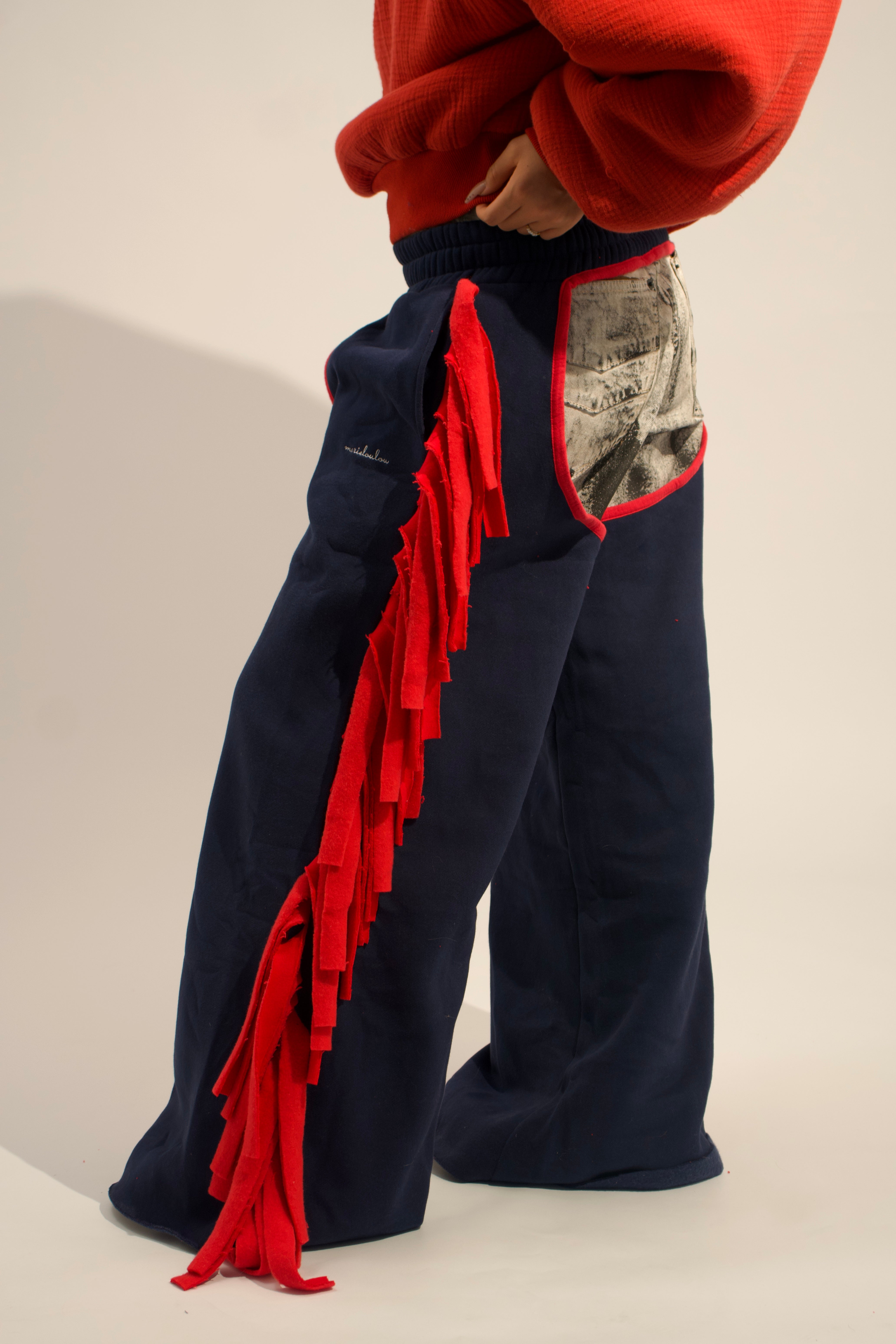 Cozy Cowboy Essential Wide-Leg Sweatpants Chaps— Navy and Red
