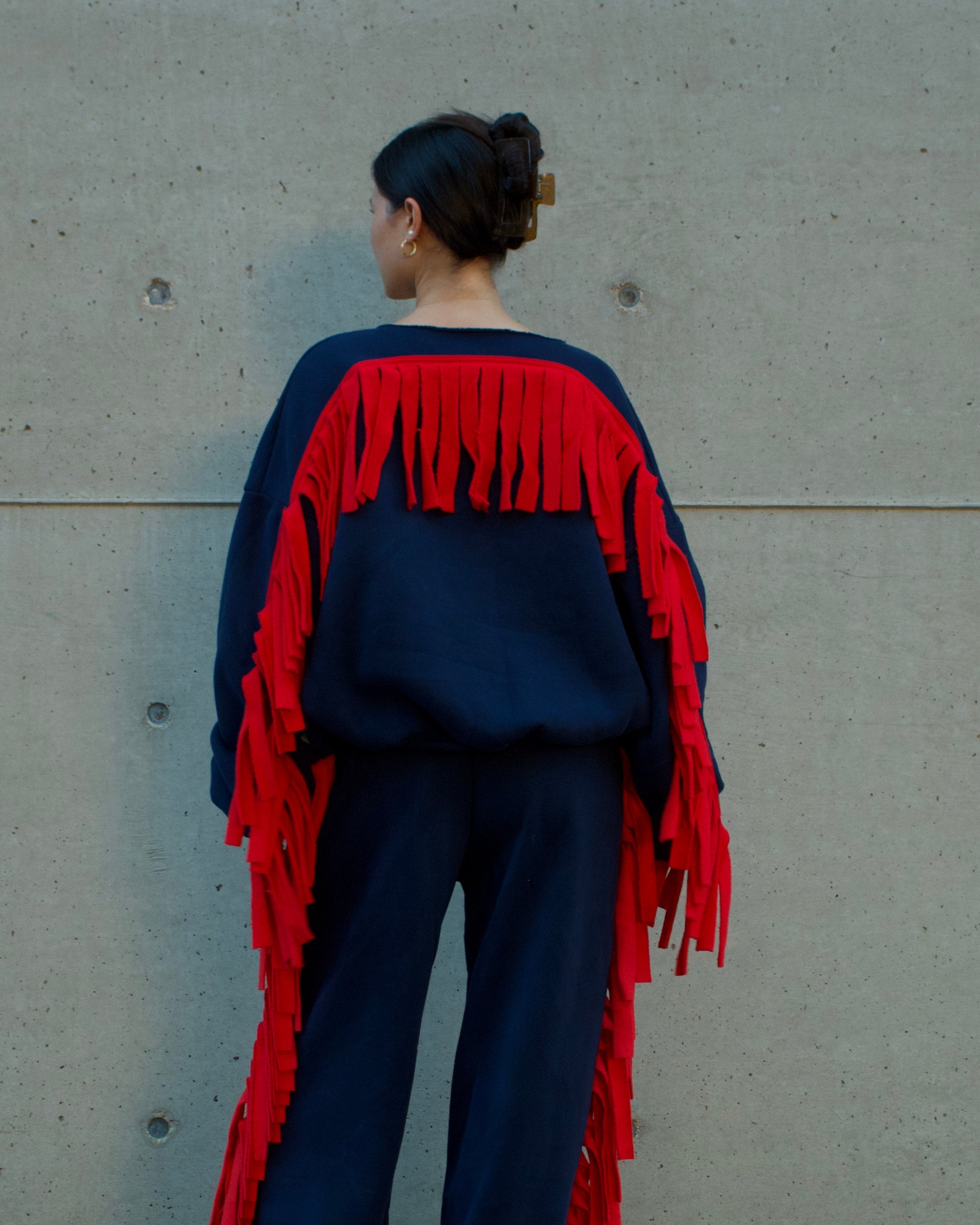 Cozy Cowboy Essential Fringe Crewneck Sweatshirt — Red and Blue