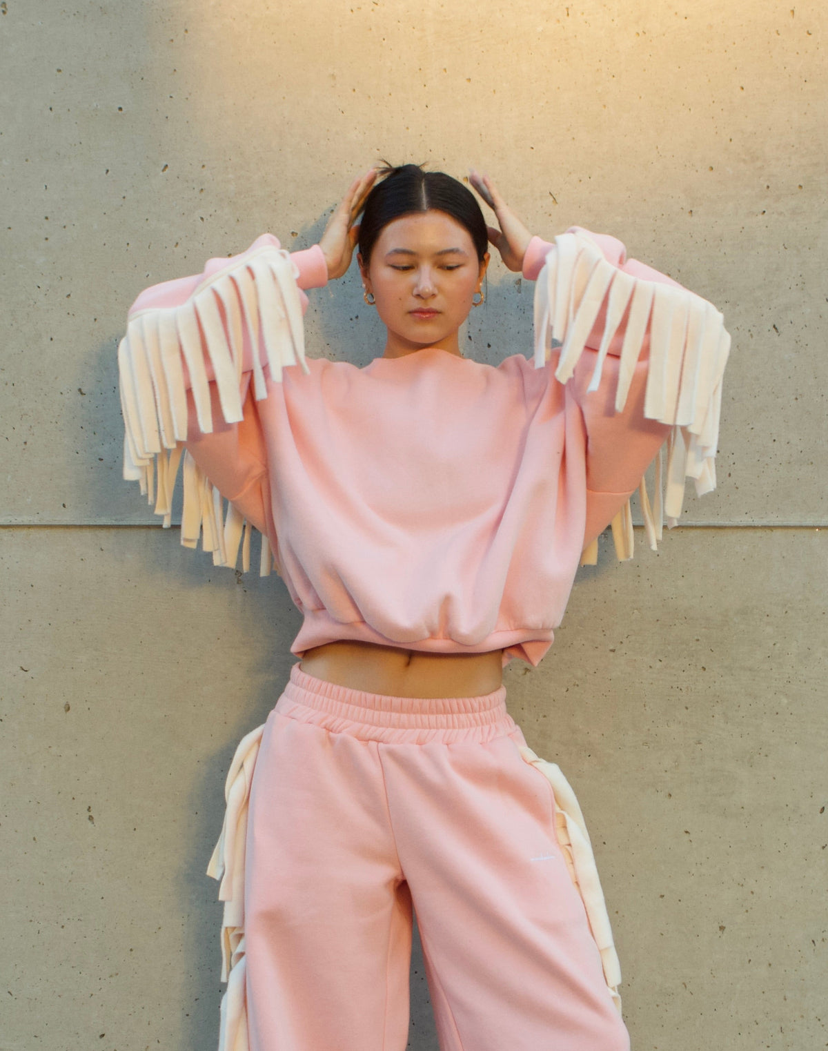 Cozy Cowboy Essential Fringe Crewneck Sweatshirt — Pink and Beige