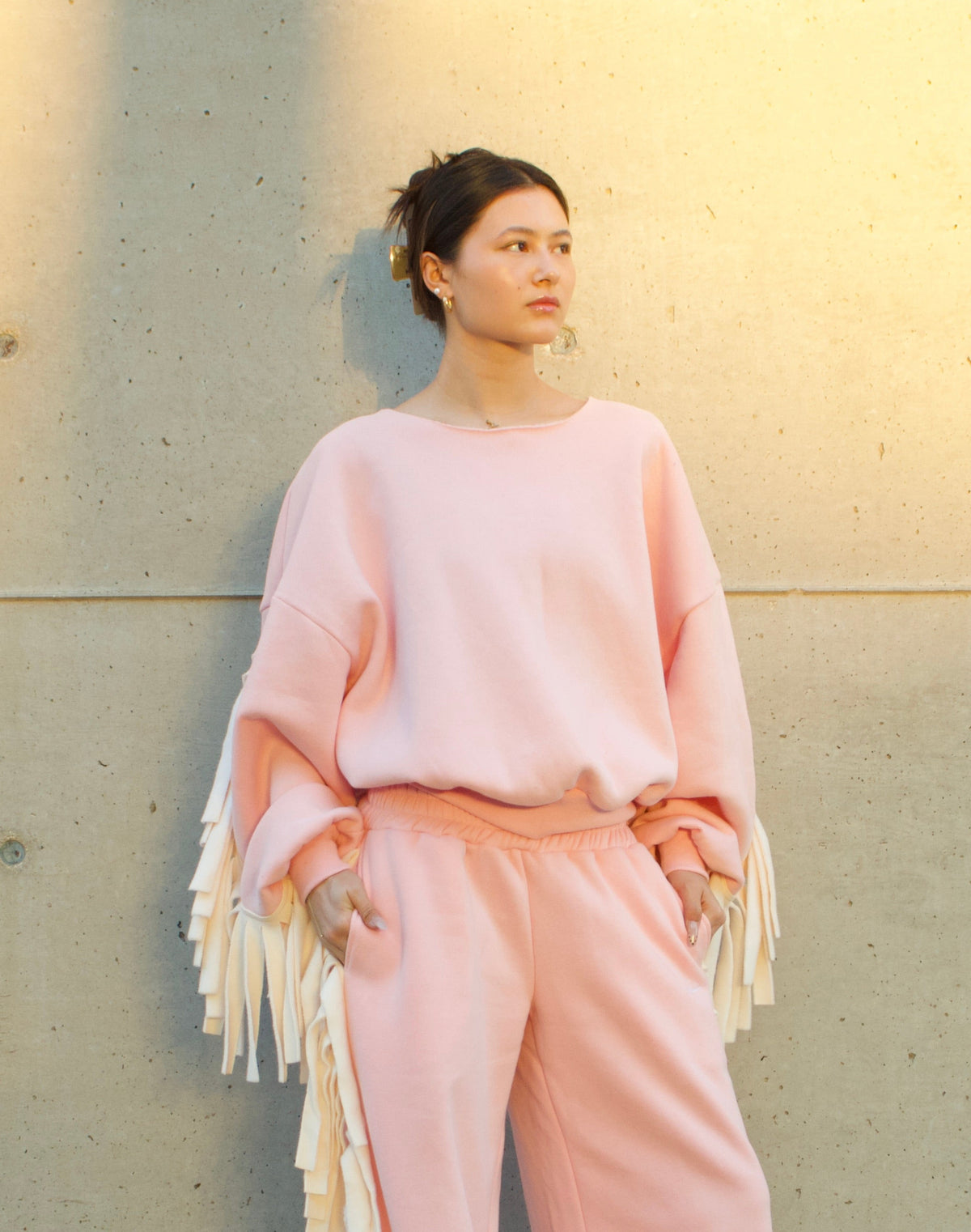 Cozy Cowboy Essential Fringe Crewneck Sweatshirt — Pink and Beige