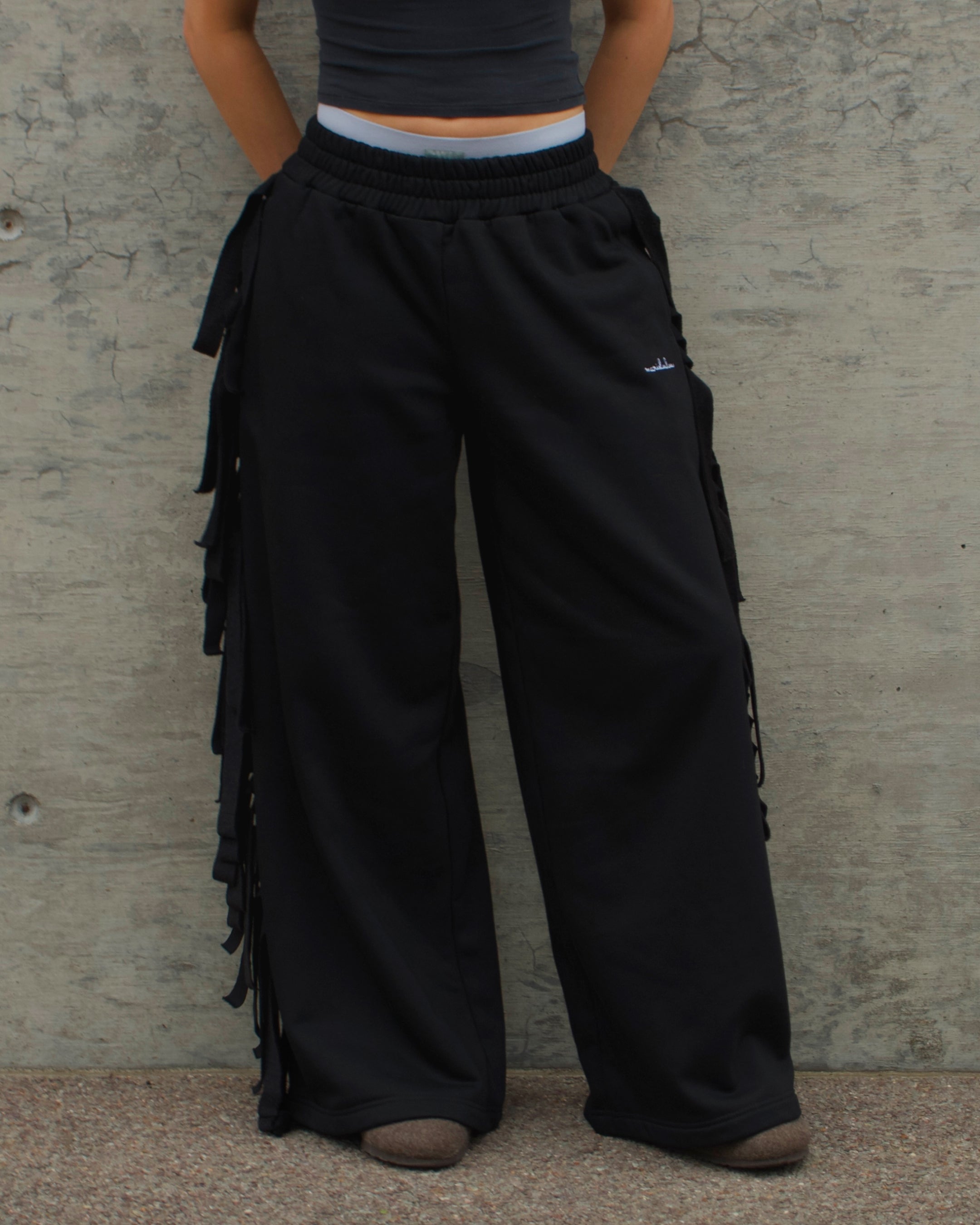 Essential Fringe Wide-Leg Sweatpants — Black