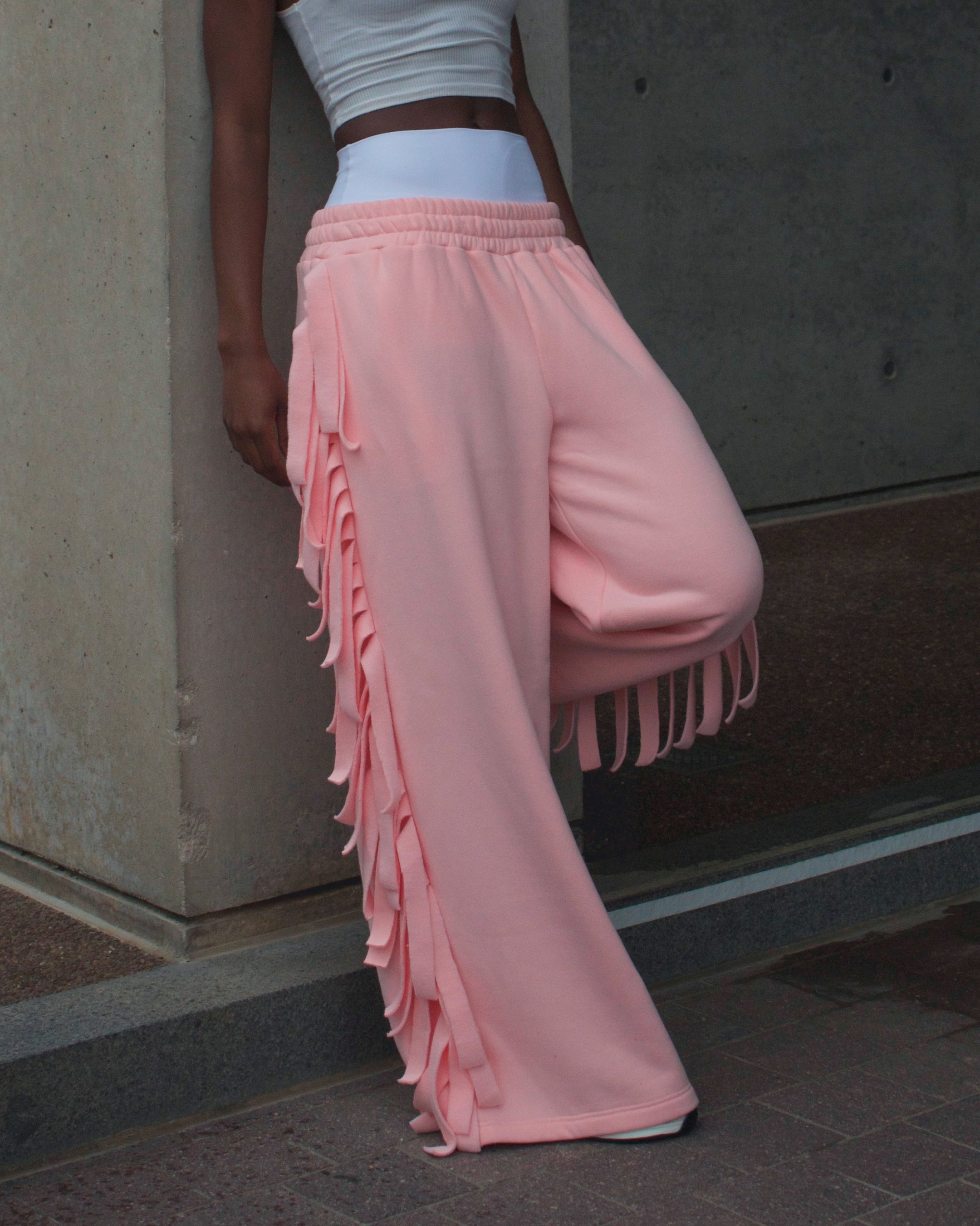 Cozy Cowboy Fringe Wide-Leg Sweatpants — Pink