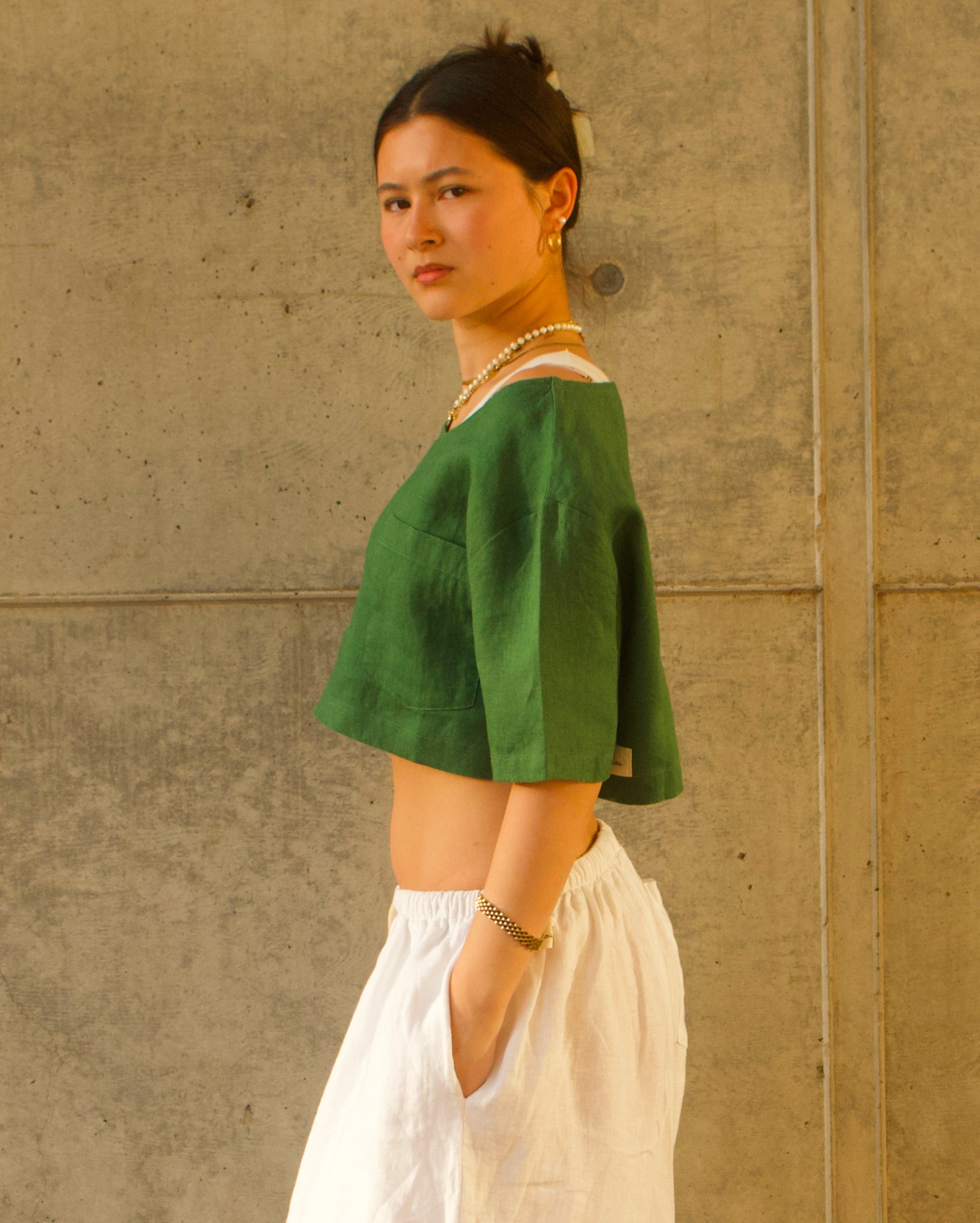 Earth Linen Staple Crop Top - Green
