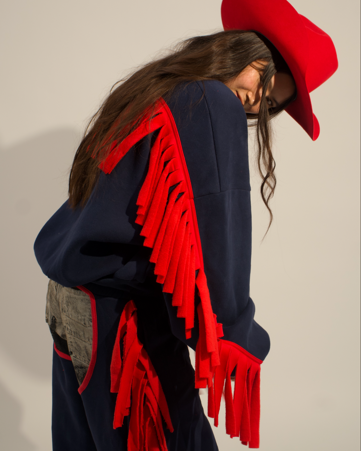 Cozy Cowboy Essential Fringe Crewneck Sweatshirt — Red and Blue