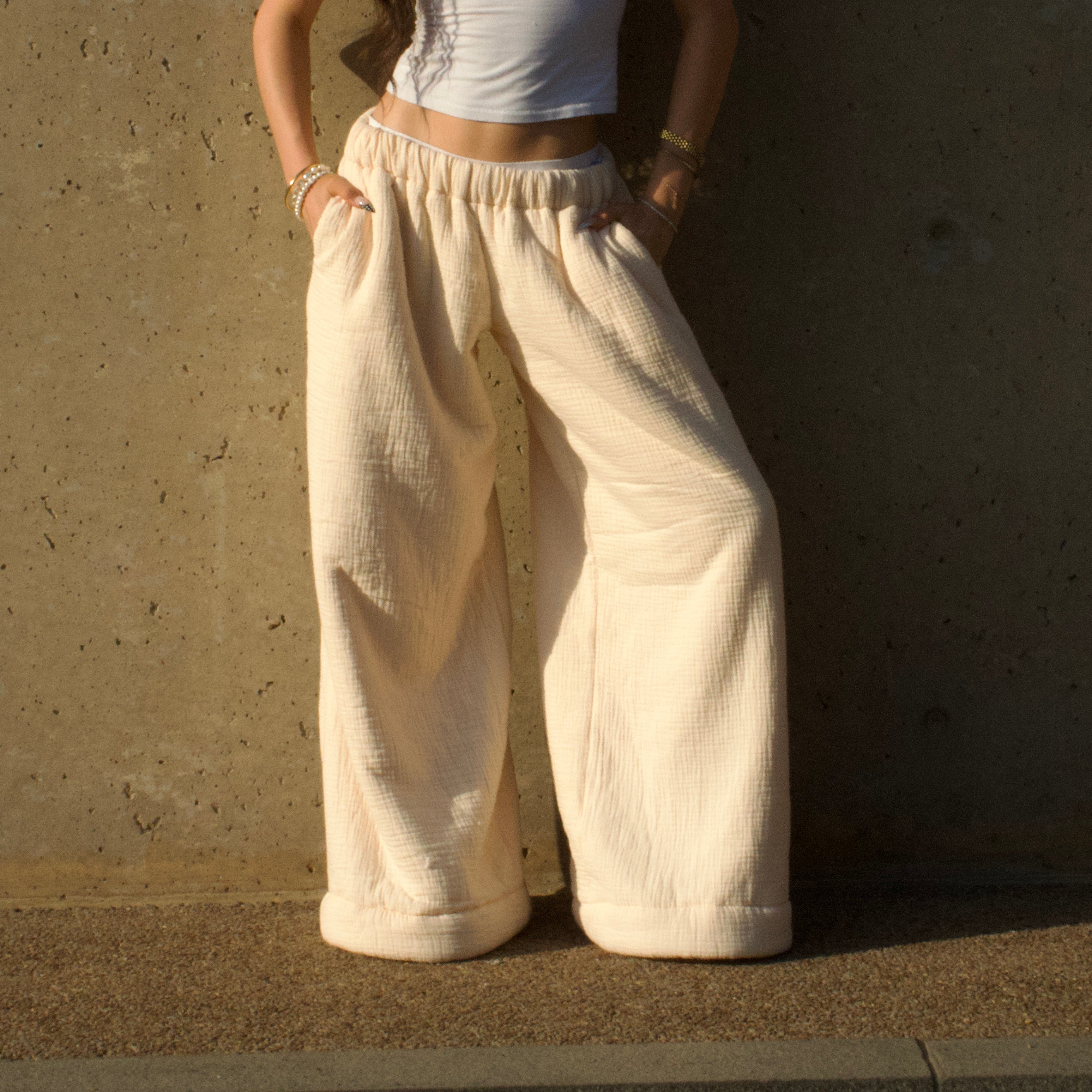 Model wearing Homebody Blanket sweatpants in beige