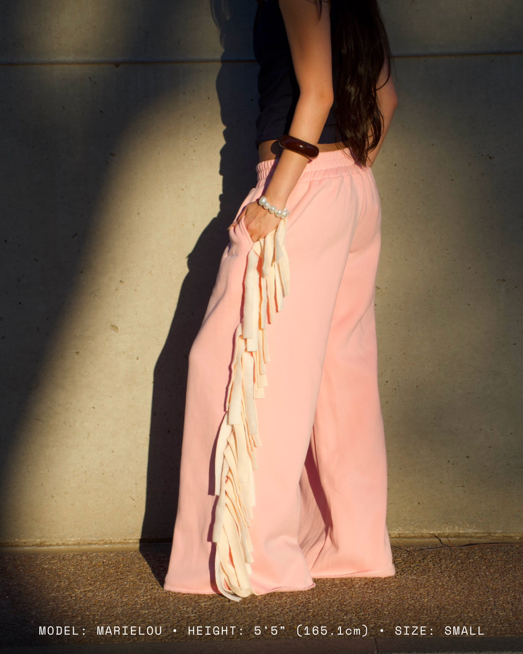 Cozy Cowboy Essential Fringe Wide-Leg Sweatpants — Pink and Beige