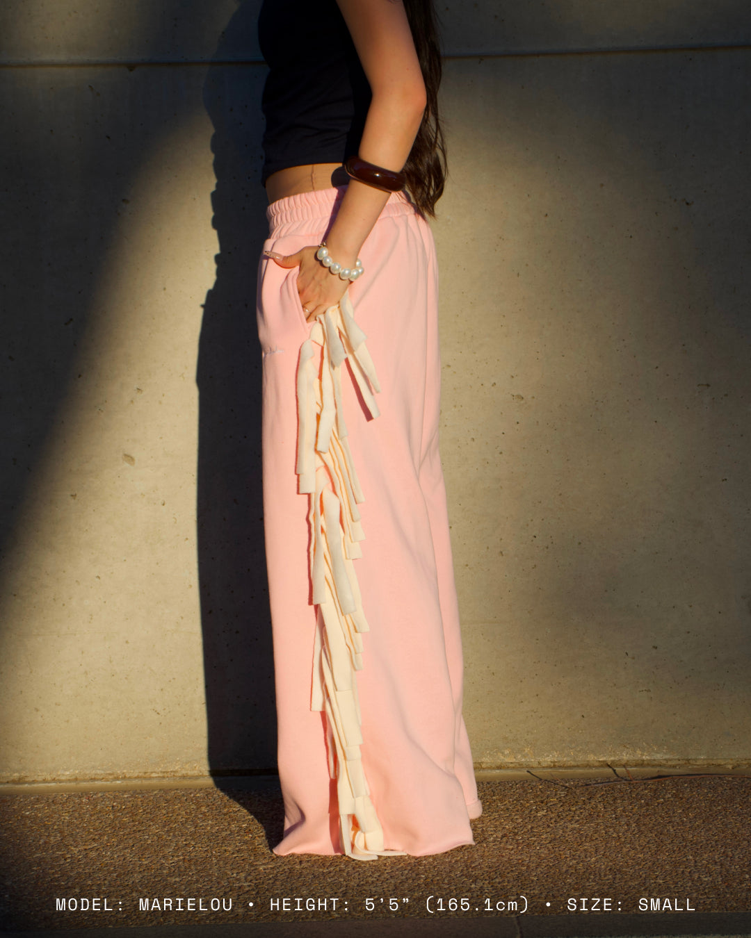 Cozy Cowboy Essential Fringe Wide-Leg Sweatpants — Pink and Beige