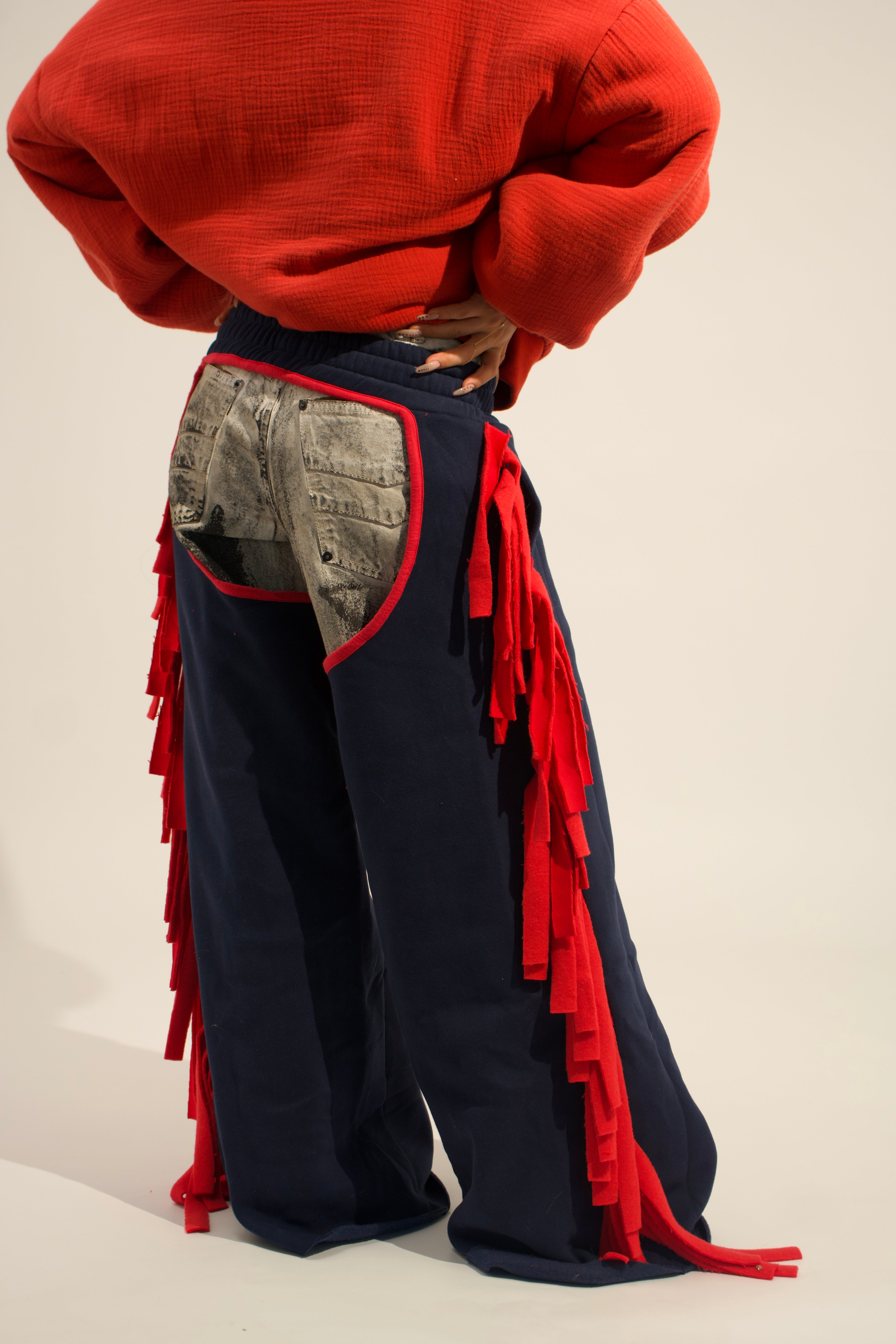 Cozy Cowboy Essential Wide-Leg Sweatpants Chaps— Navy and Red