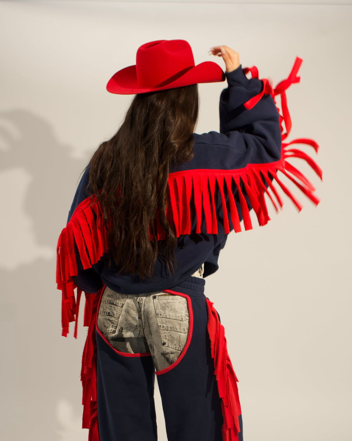 Cozy Cowboy Essential Fringe Crewneck Sweatshirt — Red and Blue