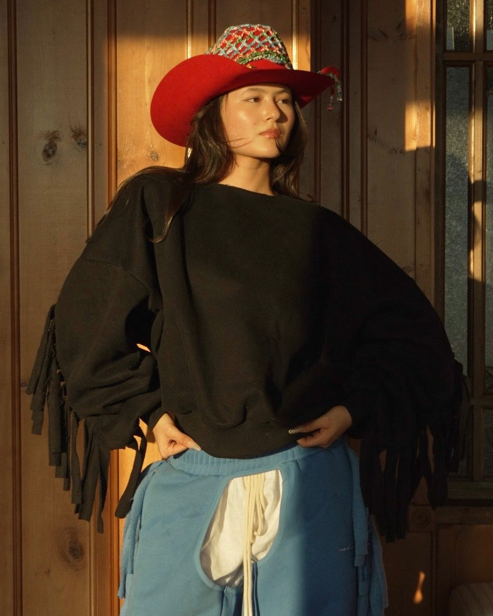 Cozy Cowboy Essential Fringe Crewneck Sweatshirt — Black