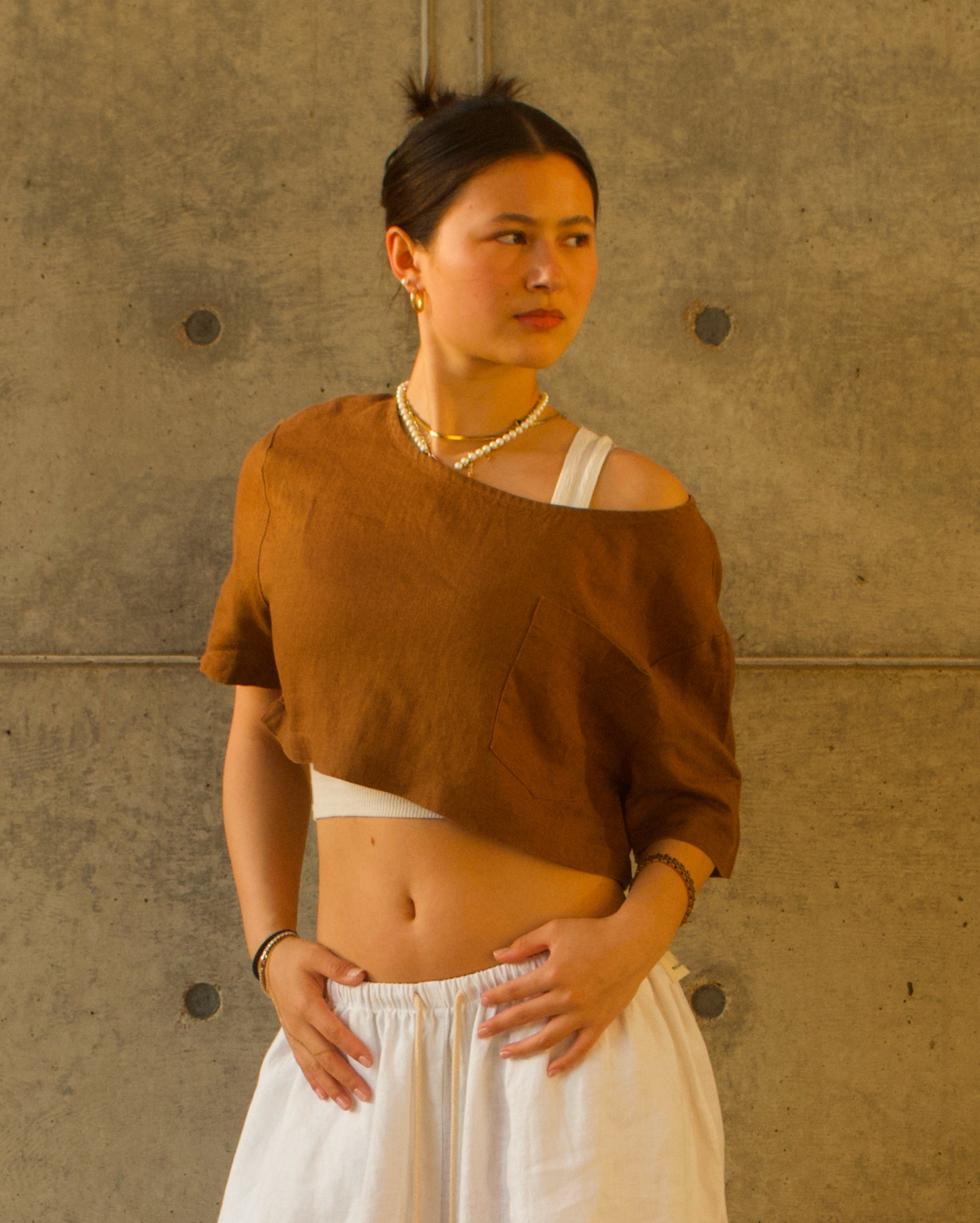 Linen Staple Crop Top - Brown