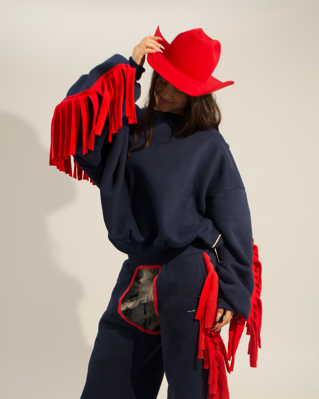 Cozy Cowboy Essential Fringe Crewneck Sweatshirt — Red and Blue