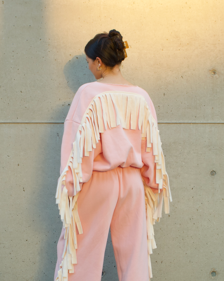 Cozy Cowboy Essential Fringe Crewneck Sweatshirt — Pink and Beige