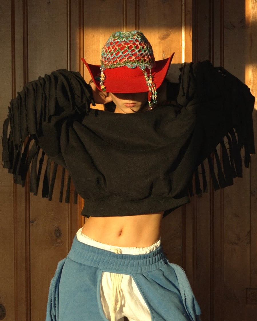 Cozy Cowboy Essential Fringe Crewneck Sweatshirt — Black