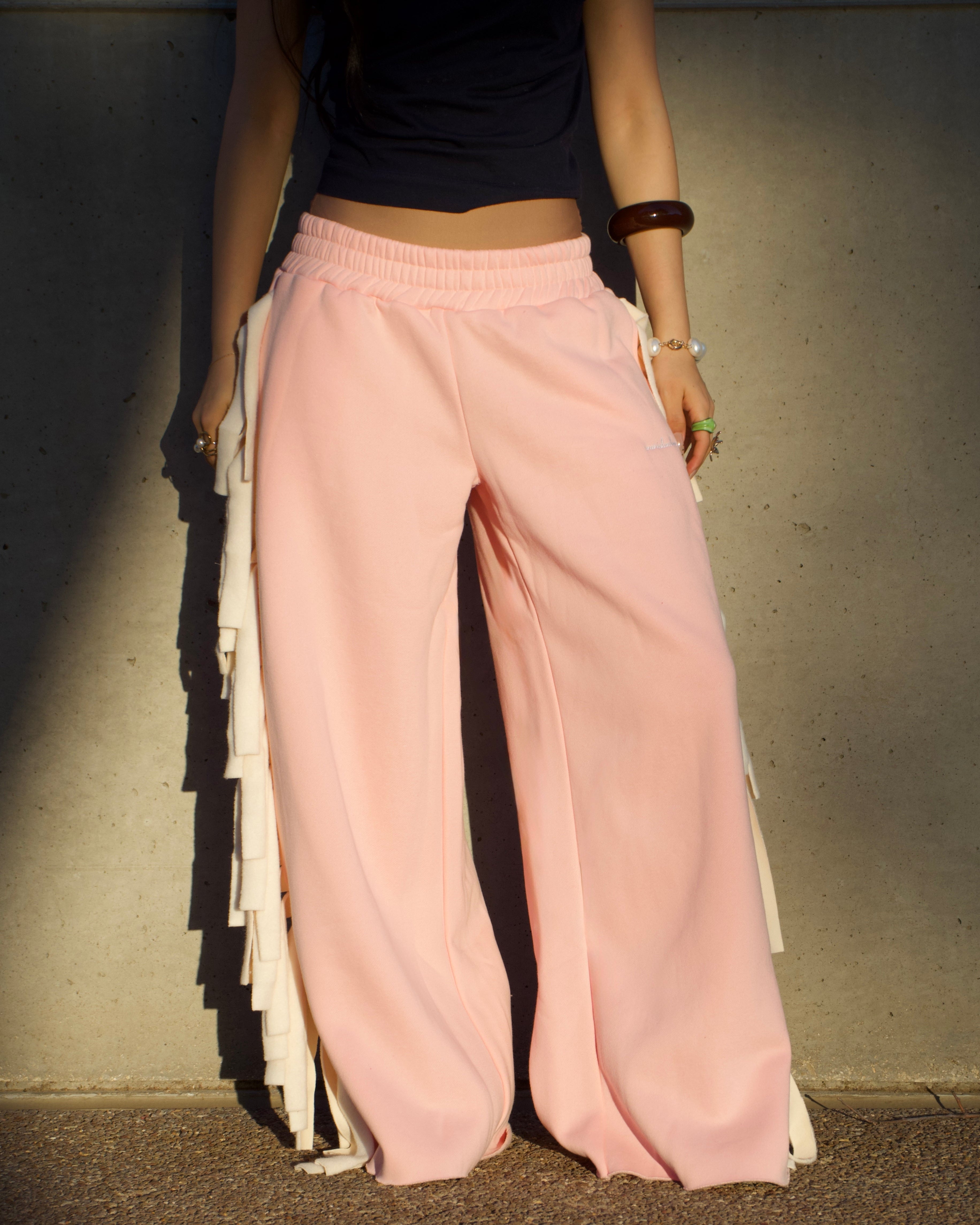Cozy Cowboy Essential Fringe Wide-Leg Sweatpants — Pink and Beige