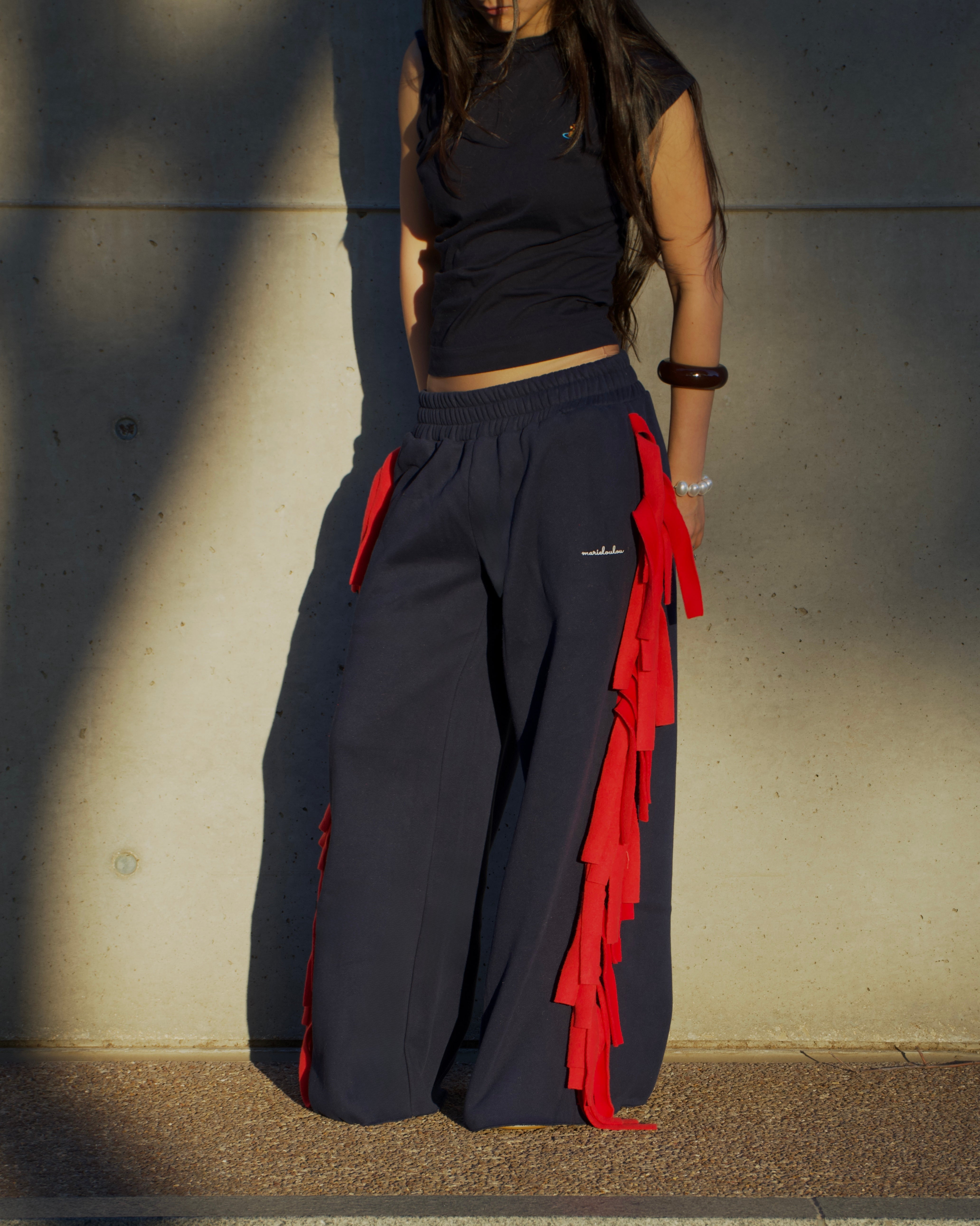 Cozy Cowboy Essential Fringe Wide-Leg Sweatpants — Red and Navy