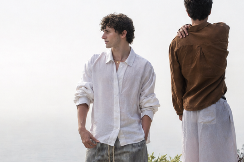 Two people standing on a stone path with a scenic background